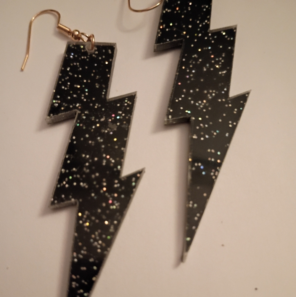 Black Glitter Lightning Bolt Earrings